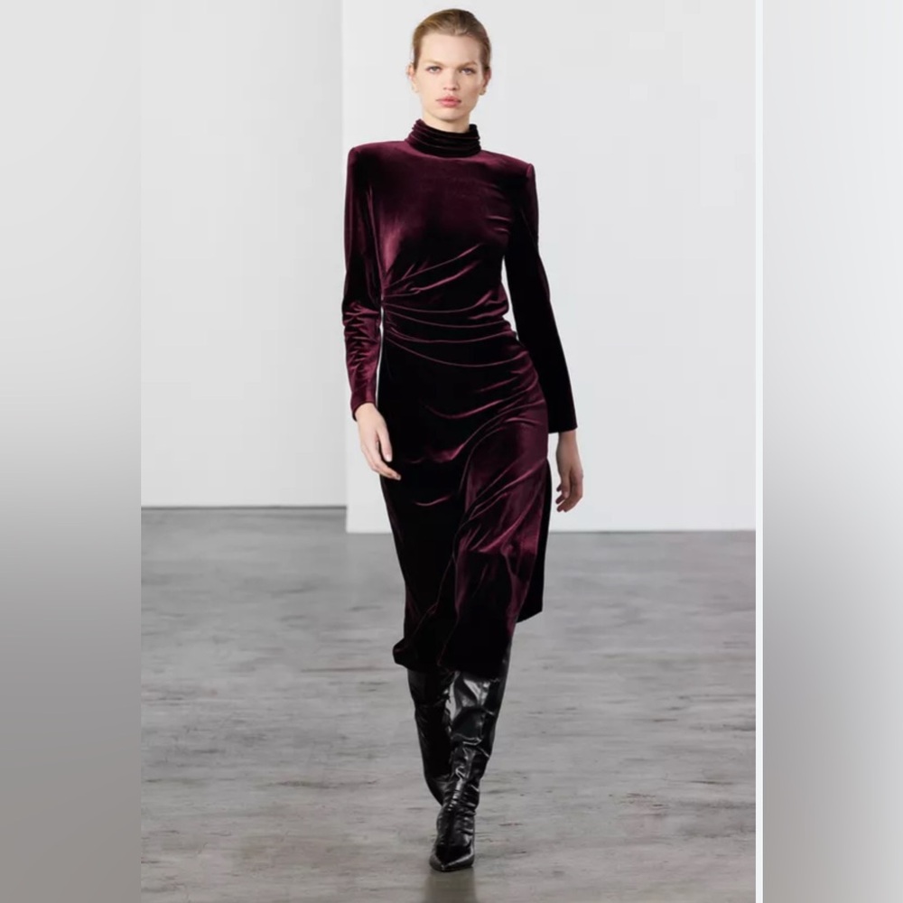 Zara ZW Collection Velvet Draped Dress -Size Small NWT Burgundy.